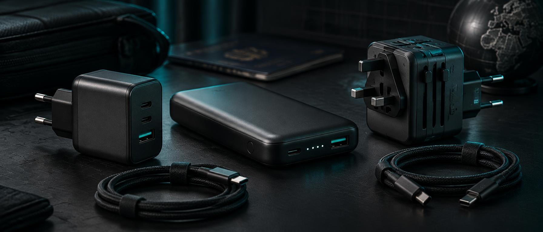 Premium travel charging kit with GaN charger, power bank and universal adapters